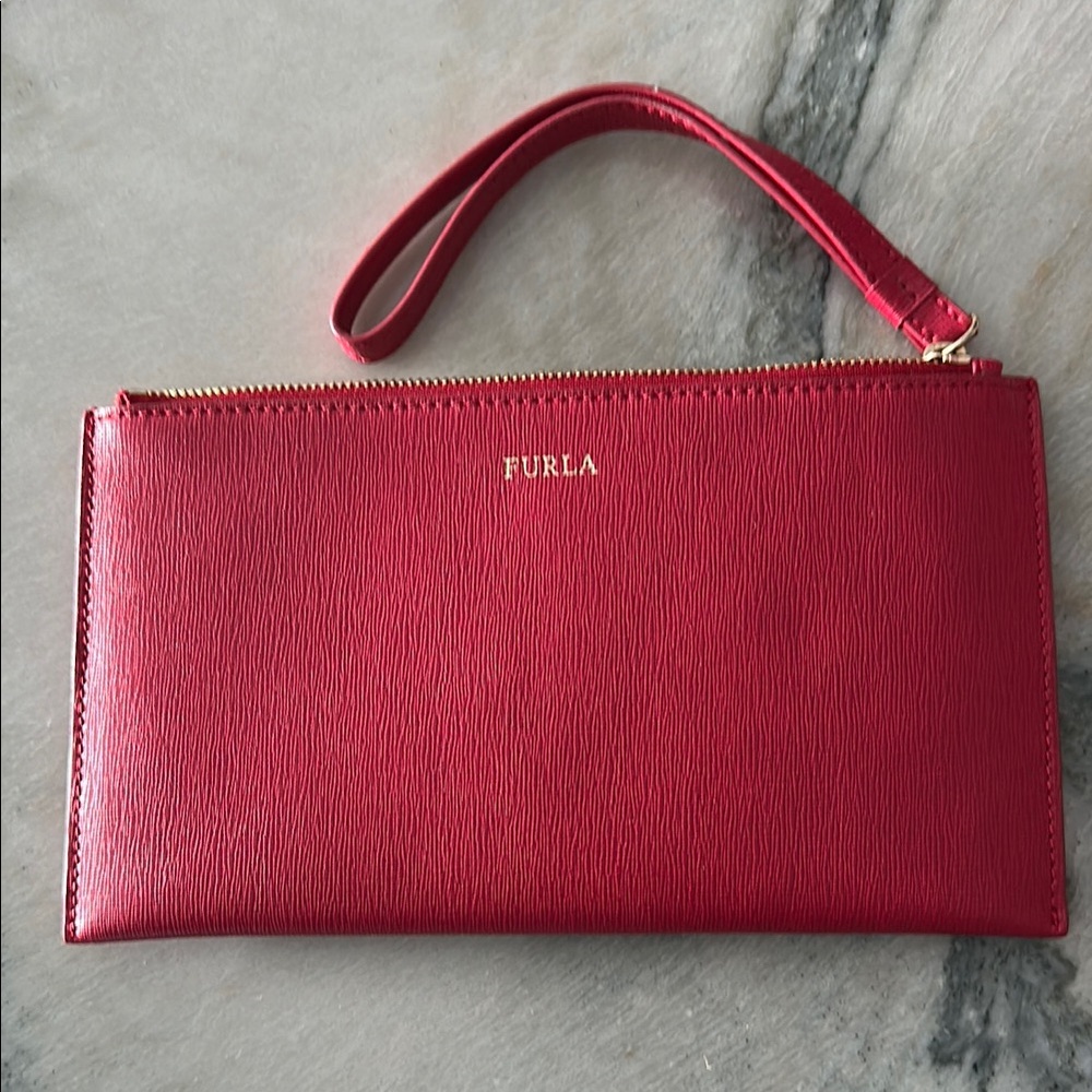 Furla Red Leather Clutch with Gold Accents